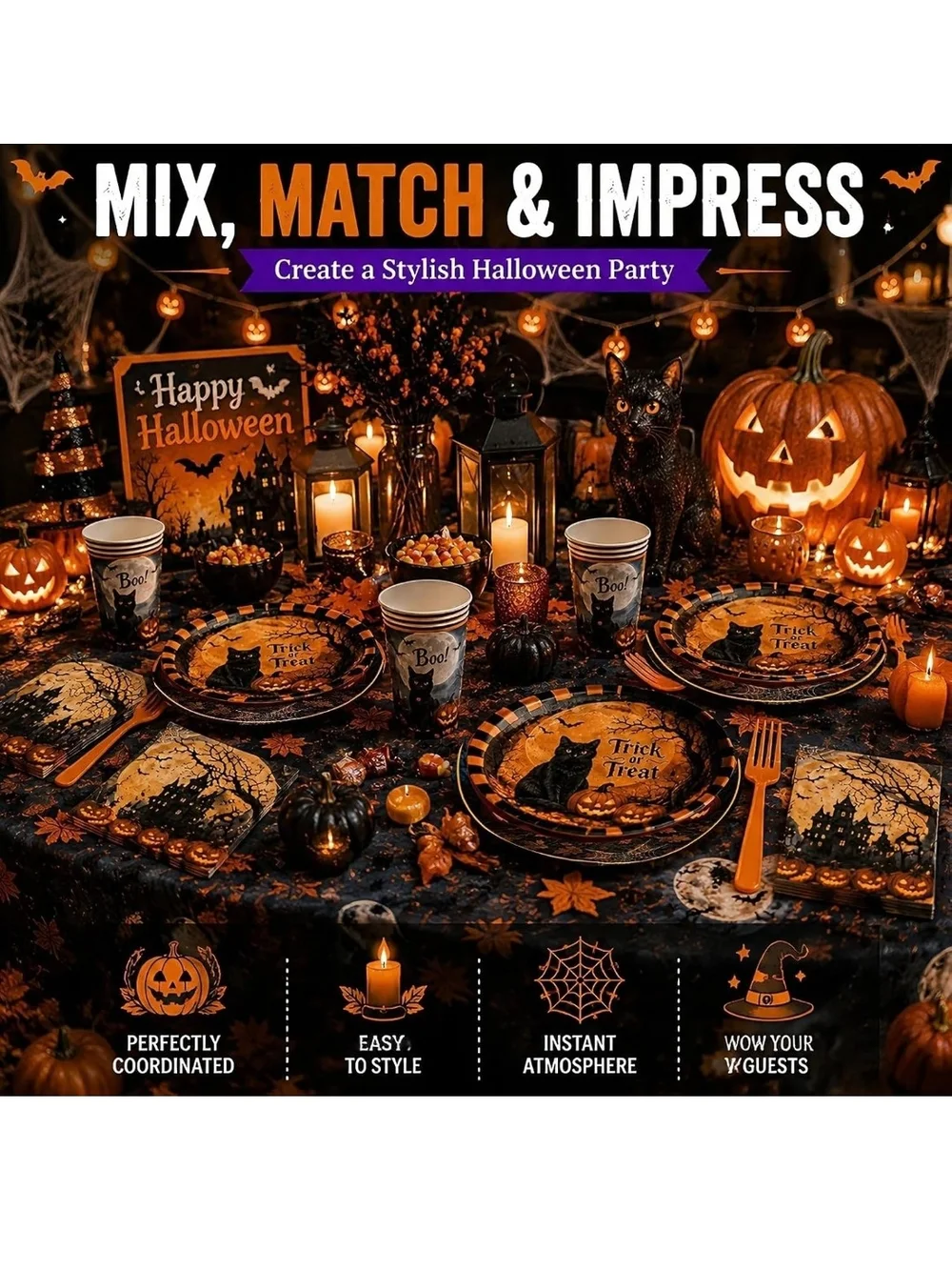Halloween Pumpkin Party Tableware Set - Orange & Black